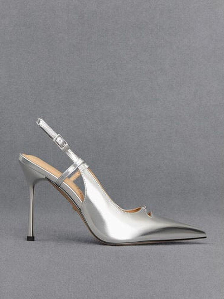 Metallic Leather Pointed-Toe Slingback Pumps - Silver | Charles & Keith US