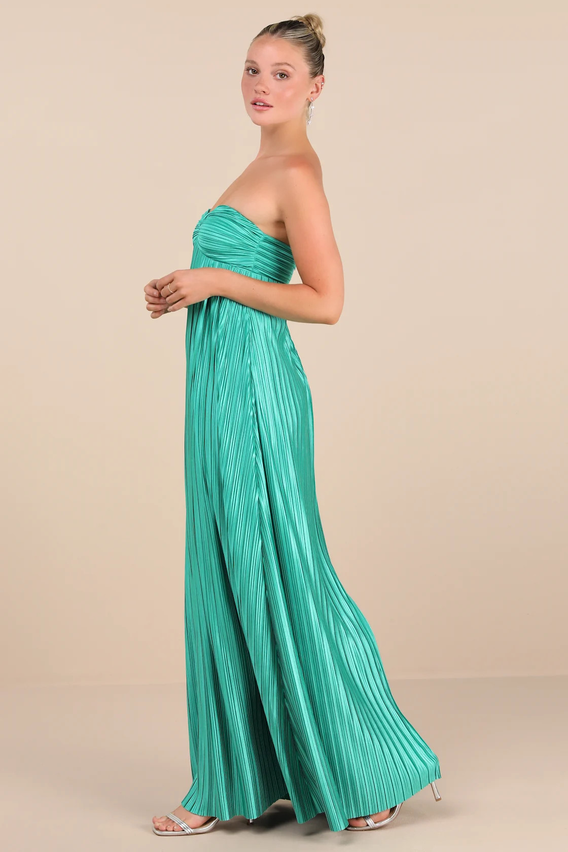 Whimsical Beauty Teal Green Satin Plisse Strapless Maxi Dress | Lulus