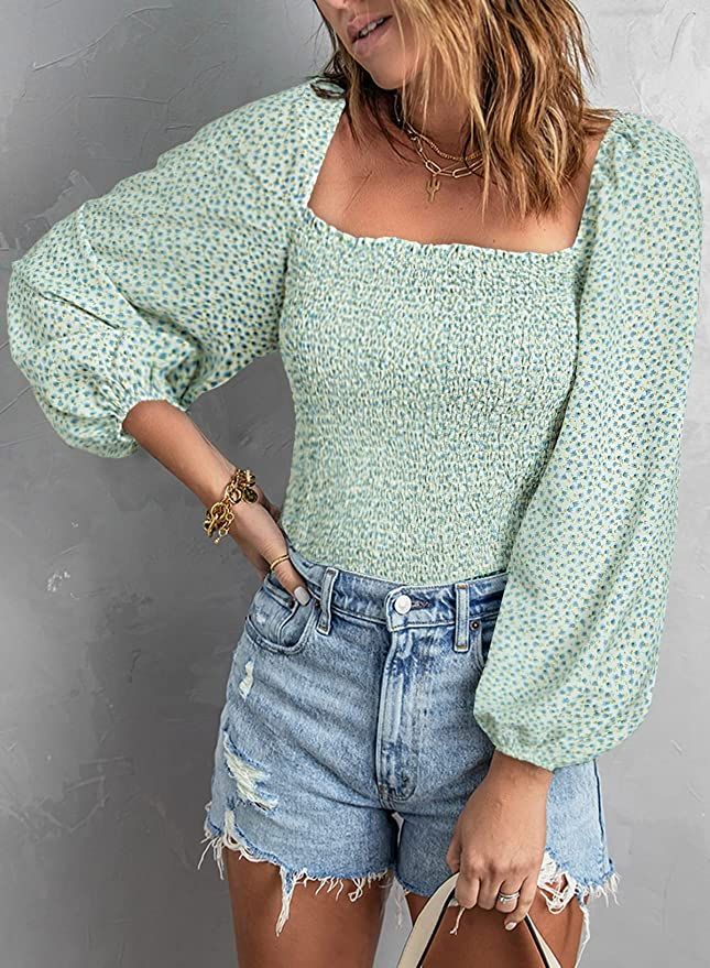 EVALESS Blouses for Women Puff Long Sleeve Square Neck Tops Off The Shoulder Floral Ladies Tops a... | Amazon (US)