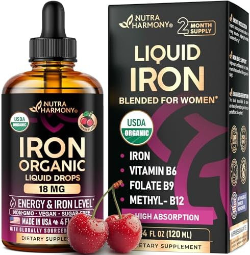 Liquid Iron Supplement for Women 18 mg - USDA Organic Drops, USA-Made - with Folate, Vitamin B12 ... | Amazon (US)