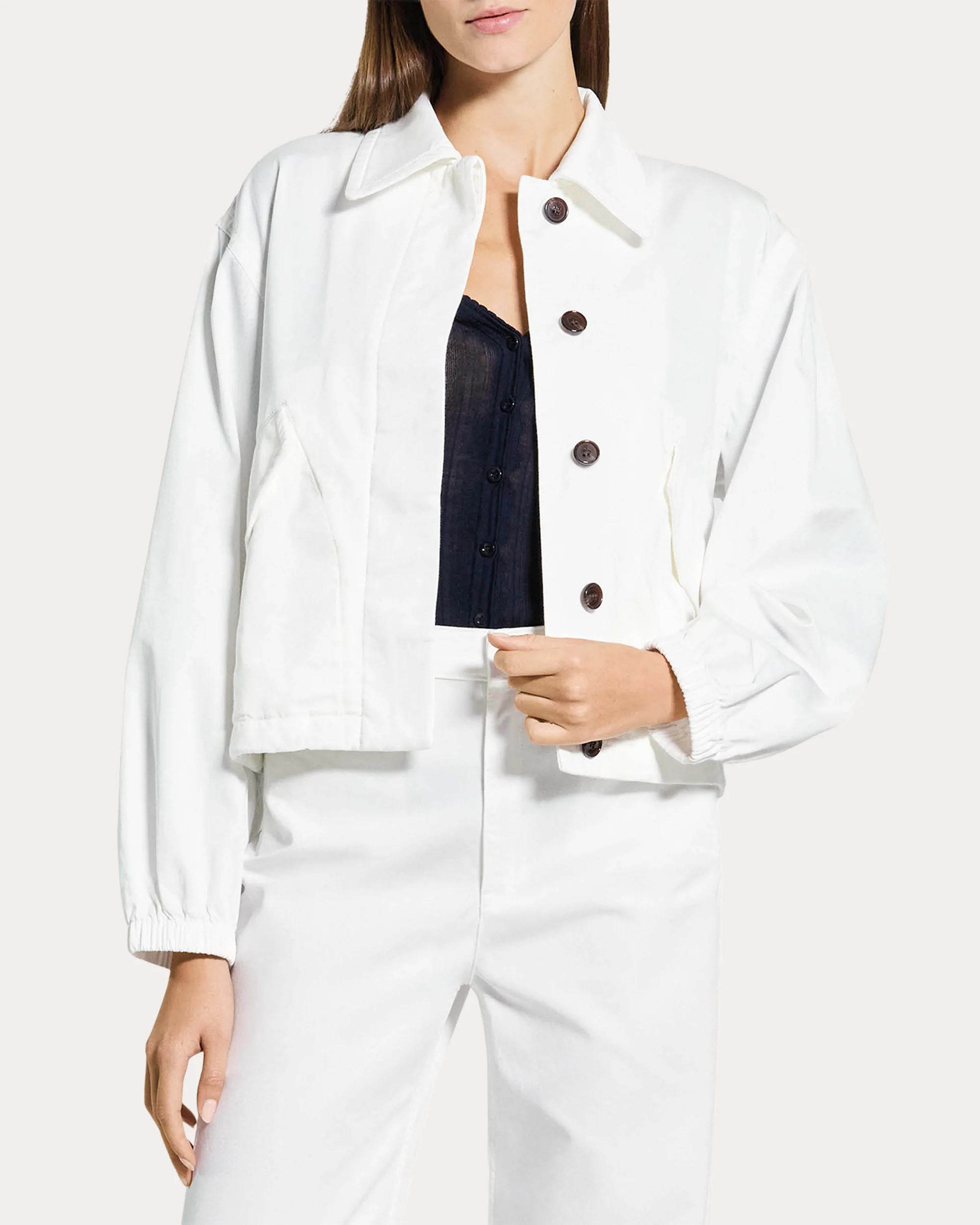 Theory Women's Relaxed Cotton Flyer Blouson Jacket in White Cotton/Tencel/Lyocell | Olivela