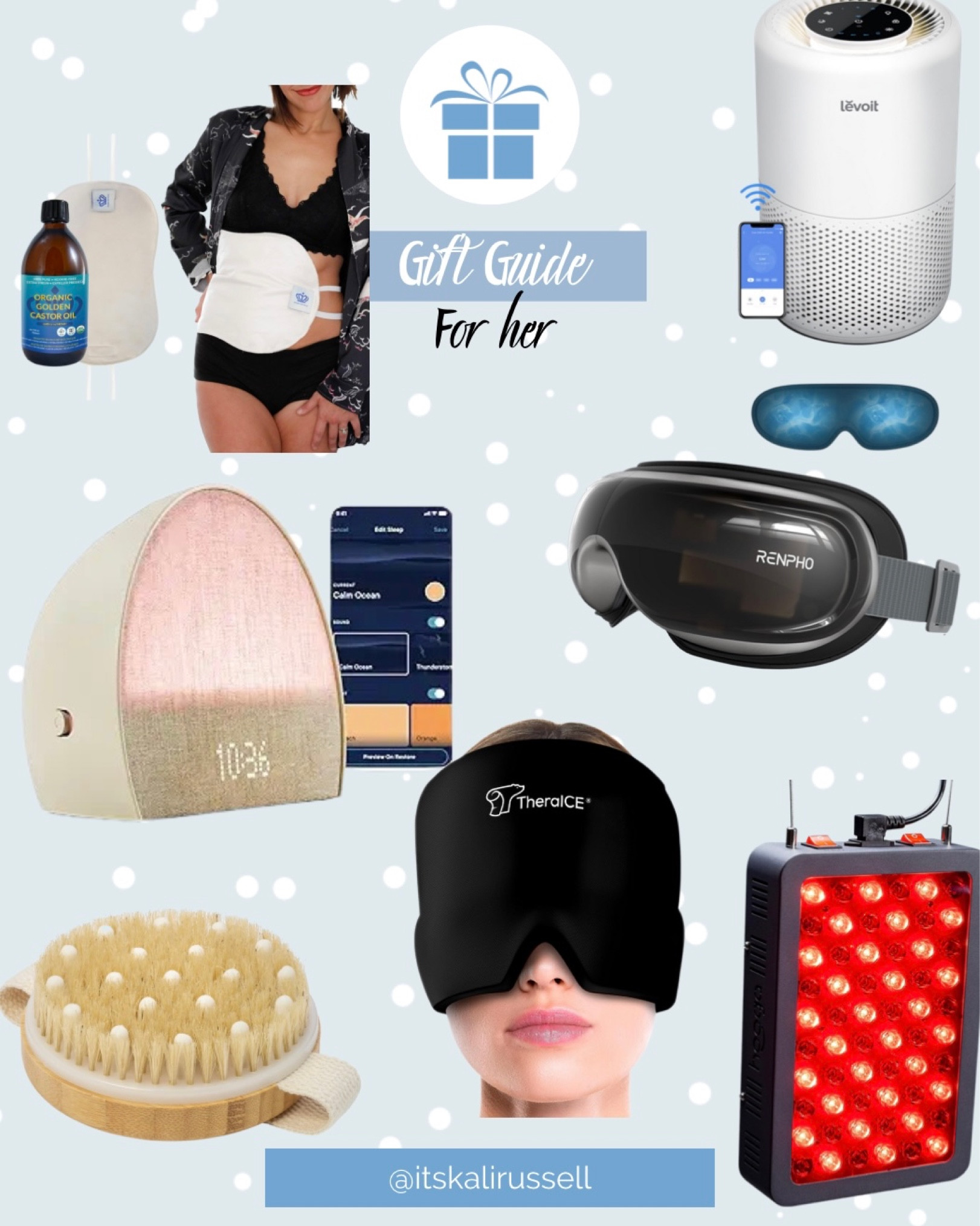 Health conscious gift ideas 
Air purifier 
Red light therapy 
Dry brushing
Juicer 
Hatch Alarm Clock 
Migraine Cap 
Castor Oil
 


#LTKGiftGuide #LTKbeauty #LTKhome