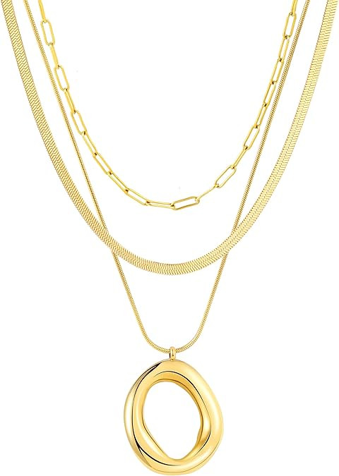 Layered Gold Necklaces for Women,18K Real Gold Plated Trendy Circle Pendant Necklace, Stackable S... | Amazon (US)