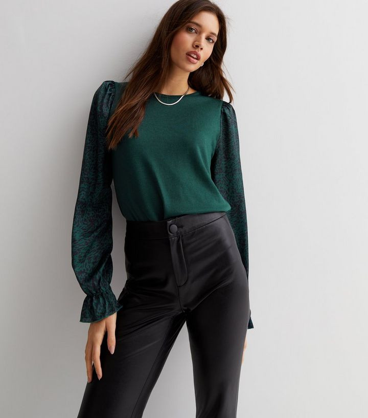Dark Green Round Neck Long Puff Sleeve Top
						
						Add to Saved Items
						Remove from Save... | New Look (UK)