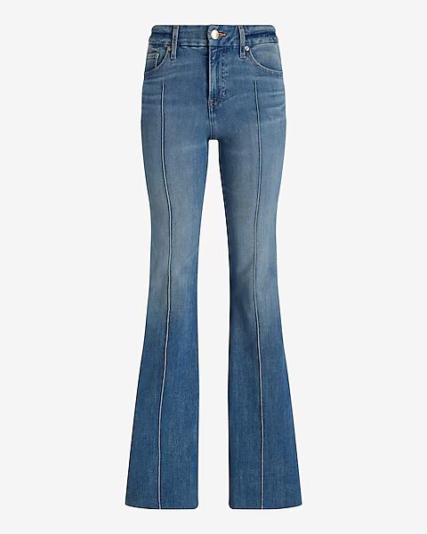 Mid Rise Medium Wash Pintuck Raw Hem FlexX '70s Flare Jeans | Express