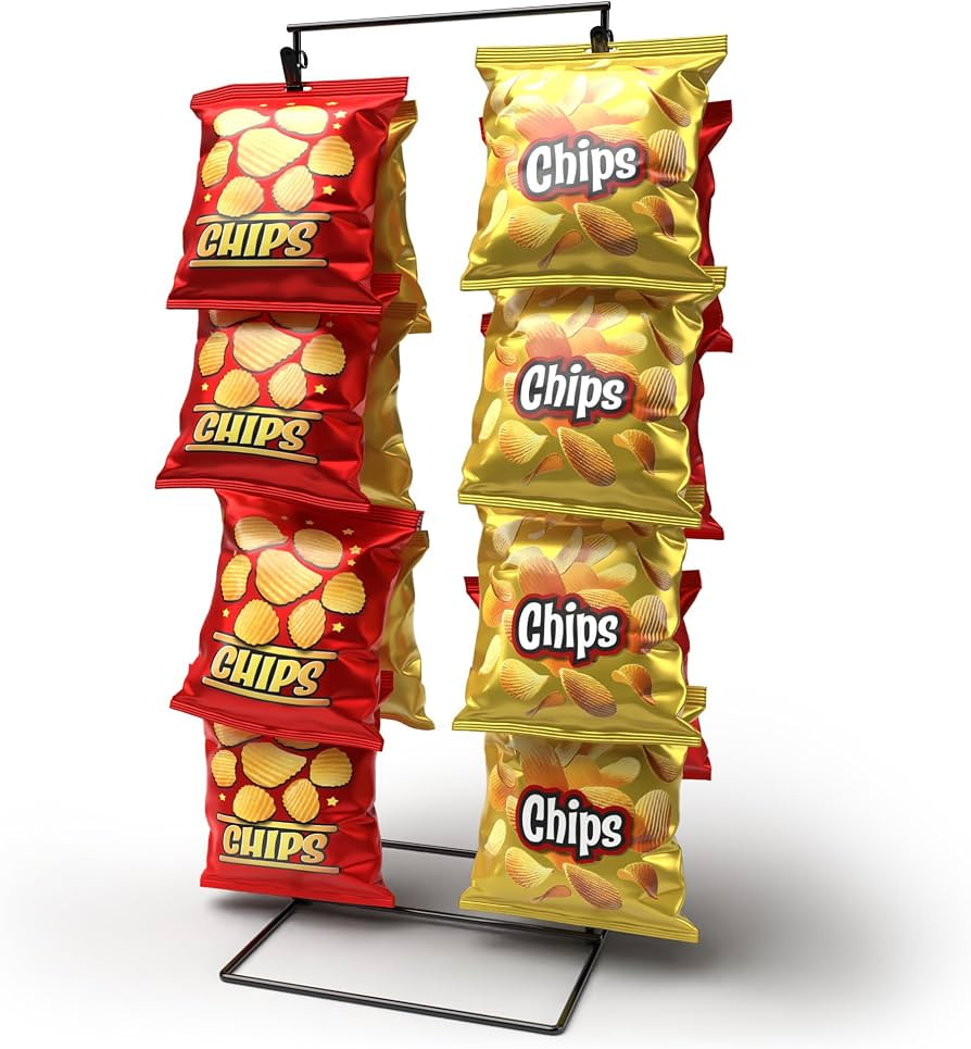 Black 2-Row Potato Chip Rack Display Stand with 26 Clips, Snack Retail Display Rack, Chip Stand D... | Amazon (US)