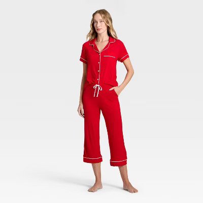 Women's Cloud Knit Modal Short Sleeve Notch Collar Top and Capri Pants Pajama Set - Auden™ | Target