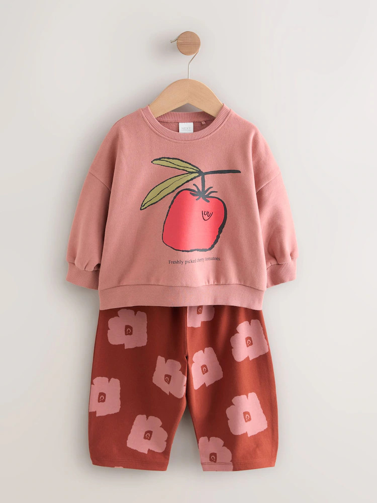 Pink/Brown Tomato Sweatshirt and Barrel Leg Joggers Set (3mths-7yrs) | Next US