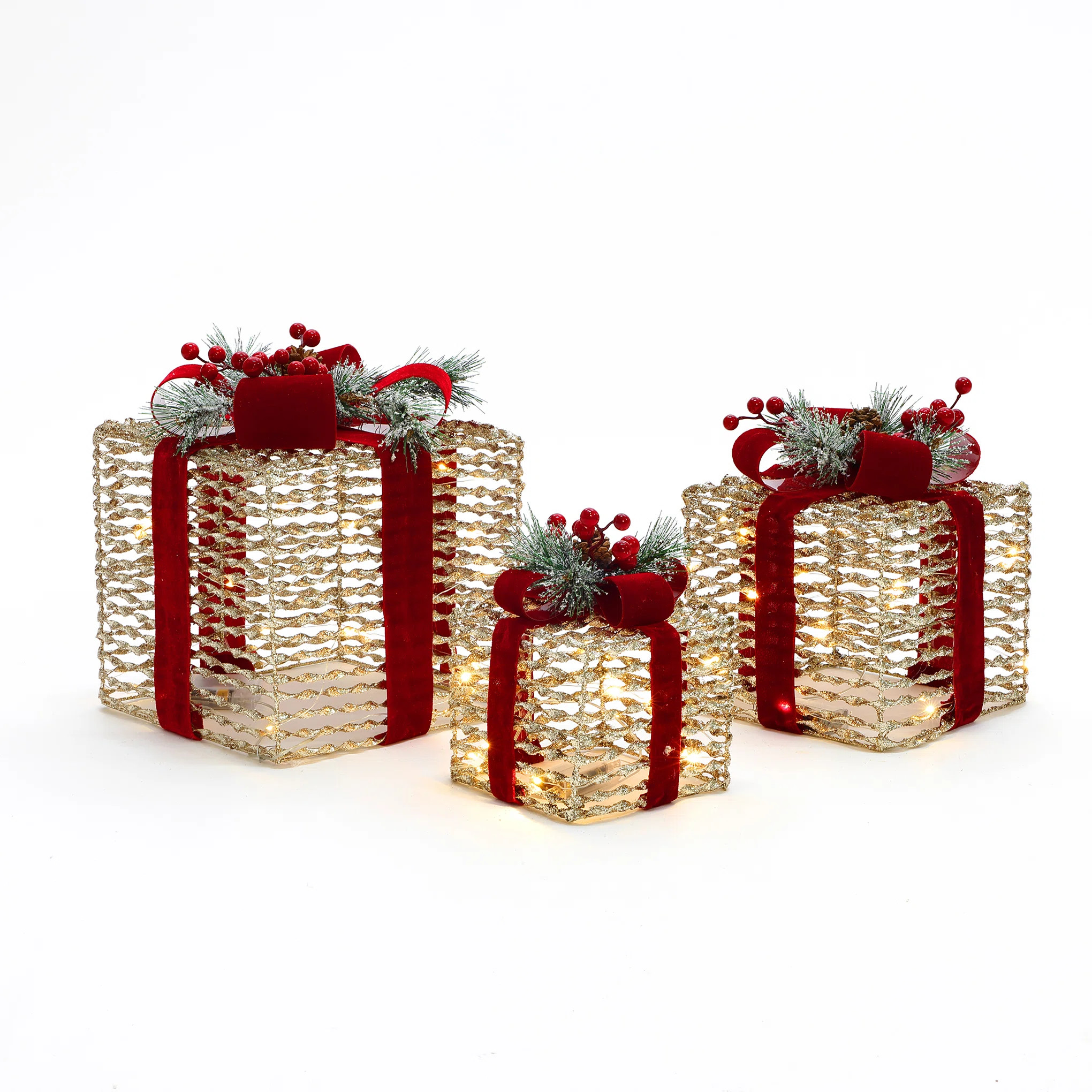 3-Piece Lighted Plastic Rattan Gift Box Set with Red Ribbon Outdoor Christmas Decoration (Set of ... | Wayfair North America