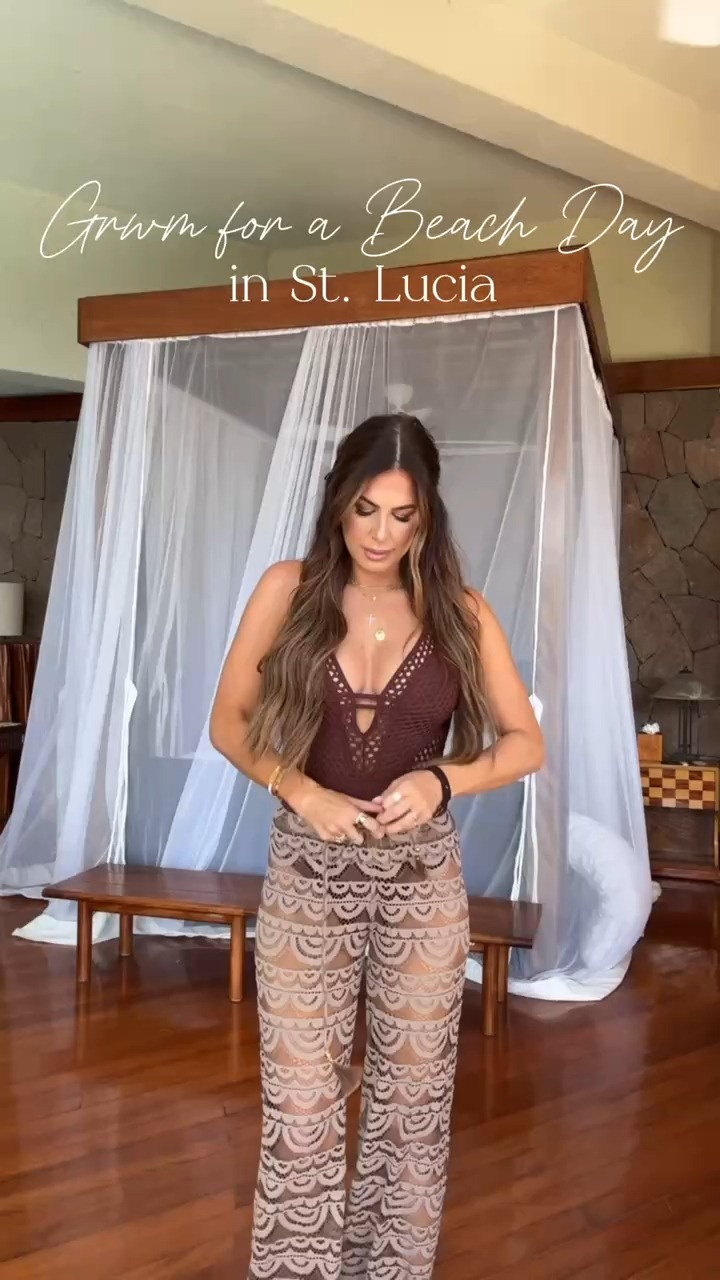 grwm with me for a beach day in st. lucia 🏝️ Pants are size M/L 
+ Swimsuit is size small! 

 #LTKgrwm #LTKootd #LTKTravel