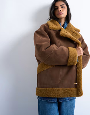 Faux shearling oversized car coat in brown | Topshop