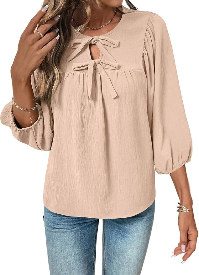 SHEWIN Womens Tops 3/4 Sleeves Blouse Babydoll Dressy Casual Top Elegant Bow Tie Loose Ladies Shi... | Amazon (US)