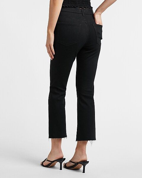 High Waisted Black Raw Hem Cropped Supersoft Flare Jeans | Express