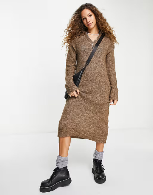 Object brushed wool knit polo dress in brown | ASOS (Global)
