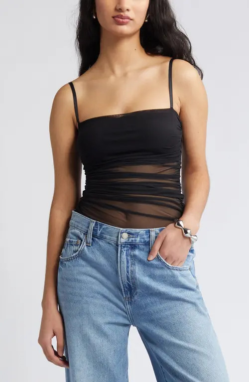 Open Edit Ruched Mesh Camisole in Black at Nordstrom, Size Large | Nordstrom