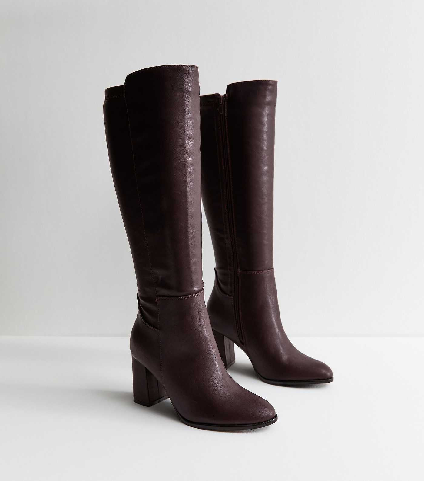 Wide Fit Burgundy Faux Leather Block Heel Boots | New Look | New Look (UK)