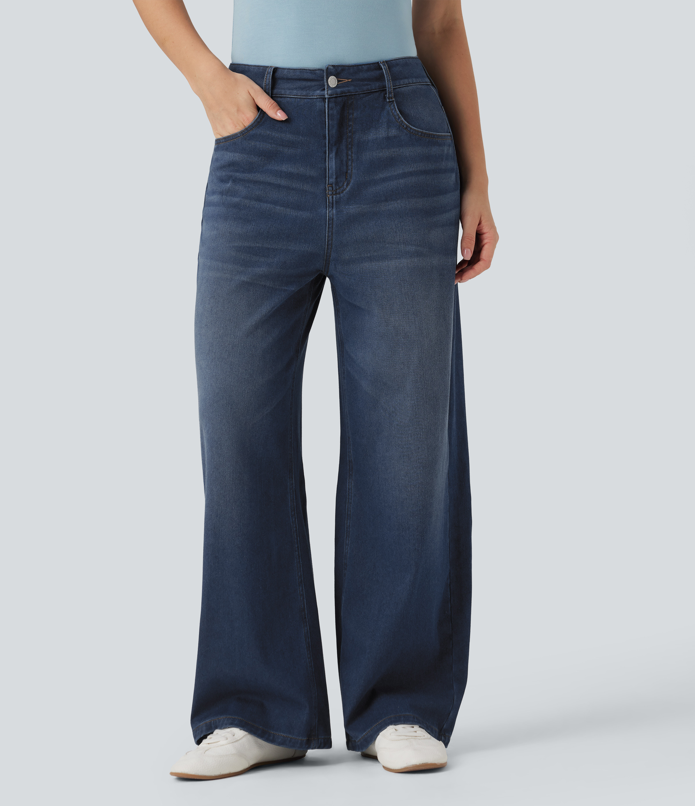 Halara Halara Flex™ Mid Rise Wide Leg Fleece Casual Jeans with Pockets - Estate Blue Denim - XS(regular) | HALARA