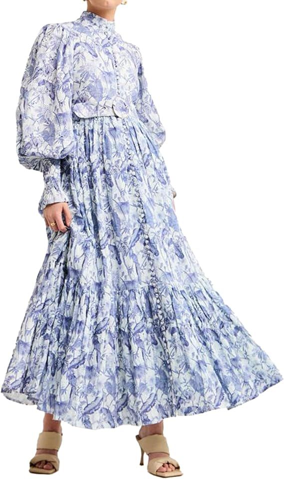 Ruffle Hem Midi Dress Tiered Floral Dress for Women Flower Printed Womens Fall Dress Flowy Tea Pa... | Amazon (US)