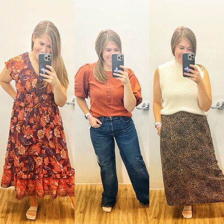 Old Navy fall outfit try-on 🧡 \\ maxi dress, floral dress, top with puff sleeves, sleeveless sweater, jeans, leopard skirt

*orange top color isn’t available online, black and white is though!

#LTKfindsunder50 #LTKSeasonal #LTKmidsize