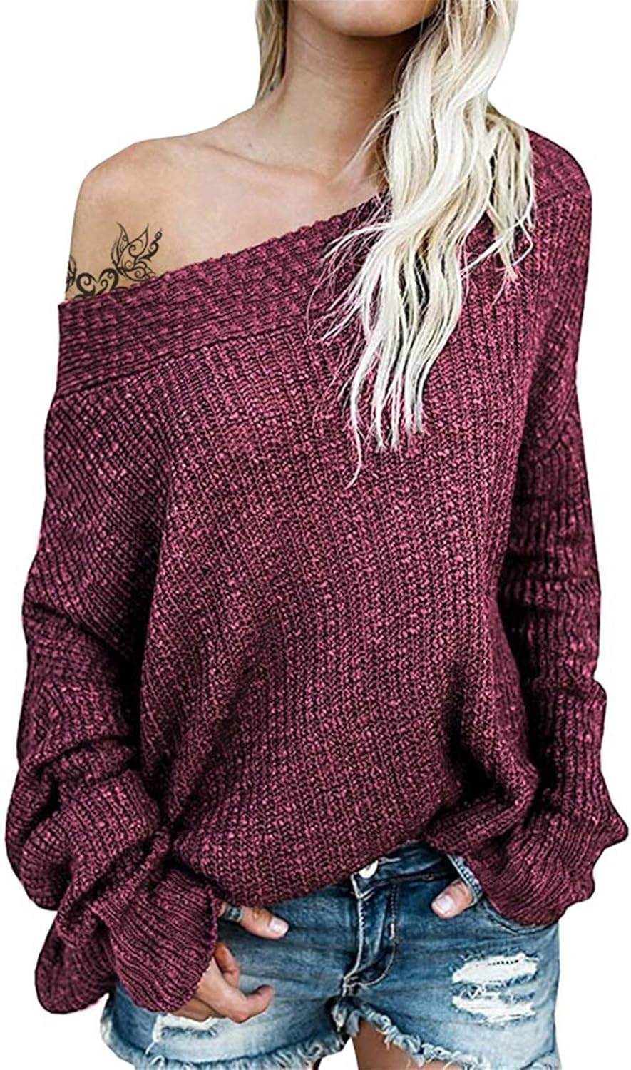 Exlura Women's Off Shoulder Sweater Batwing Sleeve Loose Oversized Pullover Knit Jumper | Amazon (US)