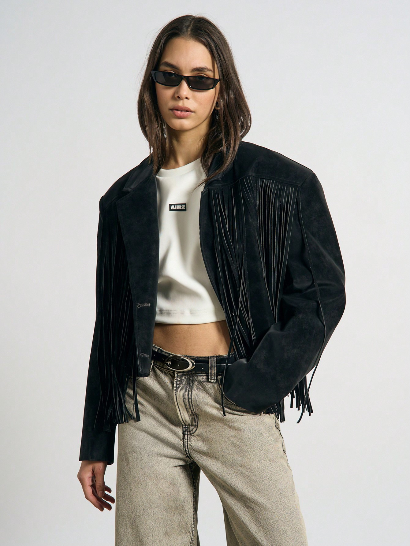 AiiRZ Faux Suede Fringe Trim Detail Cropped Christmas Jacket | SHEIN