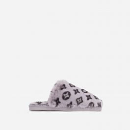 Kulture Fluffy Printed Detail Flat Slipper In Grey Faux Fur | EGO Shoes (US & Canada)
