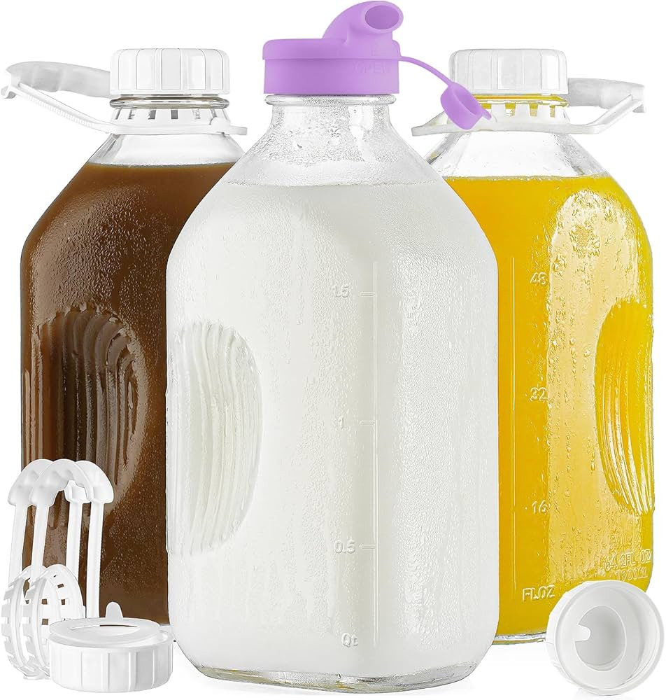 3 Pack 64 Oz Heavy Duty Glass Milk Bottle with Silicone Dispenser Cap and Reusable Airtight SCREW... | Amazon (US)