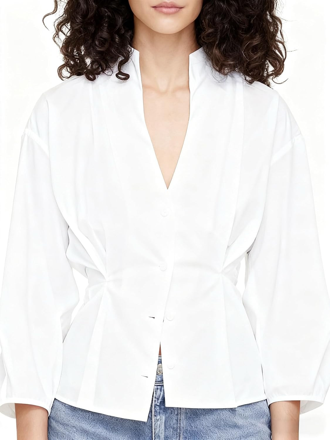 SUNNOW Women's 3/4 Sleeve Poplin Shirt V-Neck Button Front Blouson Sleeves Pleated Waist & Cinched Back Detail Peplum Hem | Amazon (US)