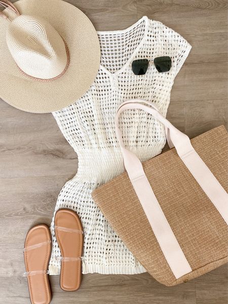 Amazon outfit idea. Amazon cover up. Amazon beach bag amazon hat amazon sandals. Clear sandals. Amazon sunglasses. Crochet cover up. Beach outfit. Swim outfit. Travel outfit ideas 

#LTKstyletip #LTKunder50