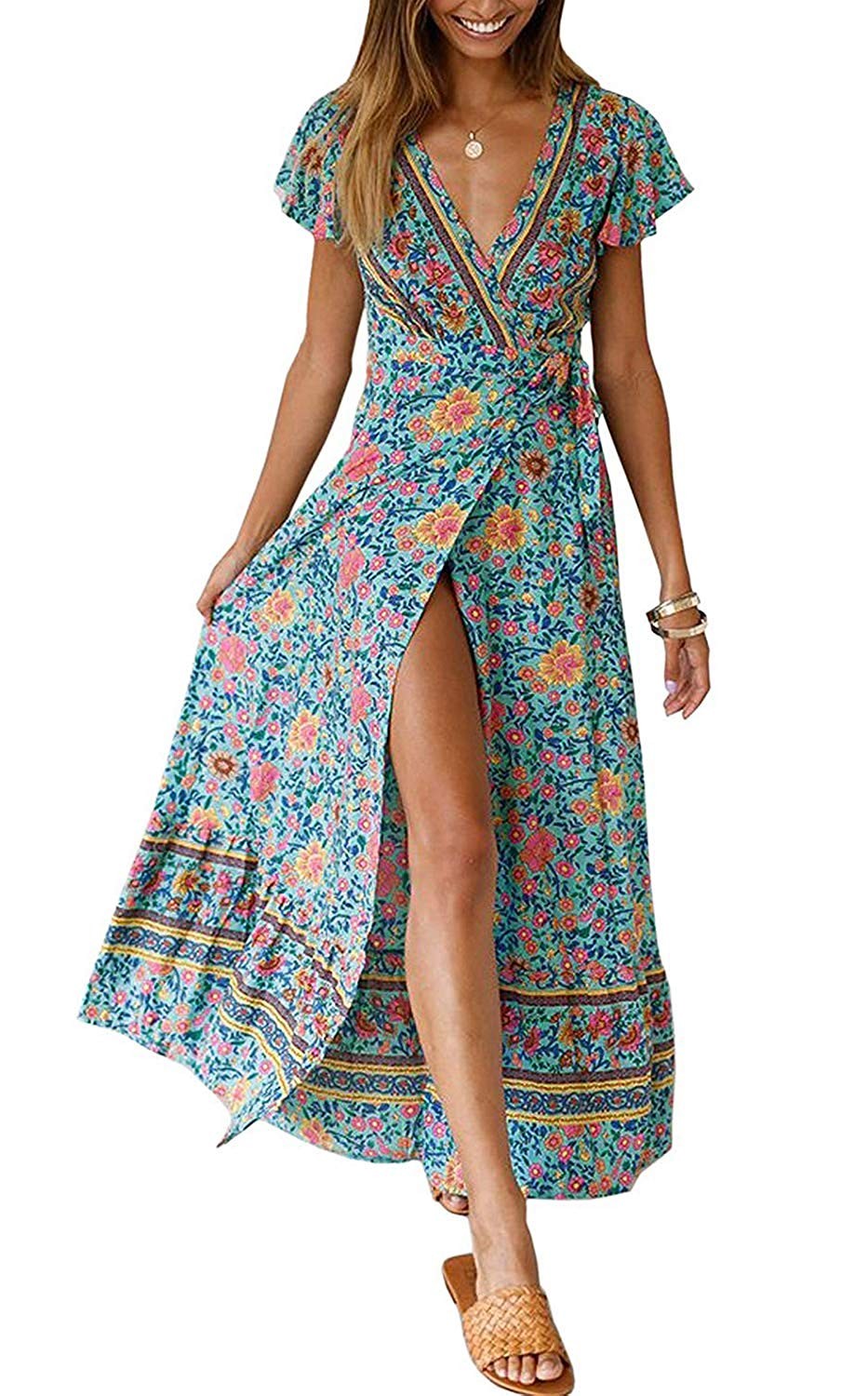 ZESICA Women's Bohemian Floral Printed Wrap V Neck Short Sleeve Split Beach Party Maxi Dress | Amazon (US)