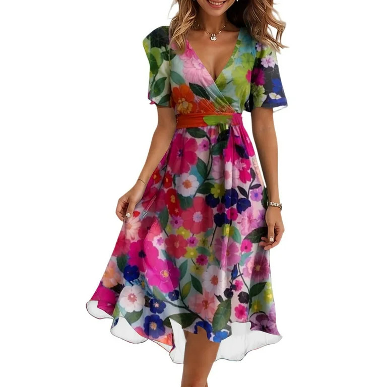 Qwertyu Spring Dresses for Women 2025 Boho Floral Printed Chiffon Dresses Elegant V Neck Belted S... | Walmart (US)