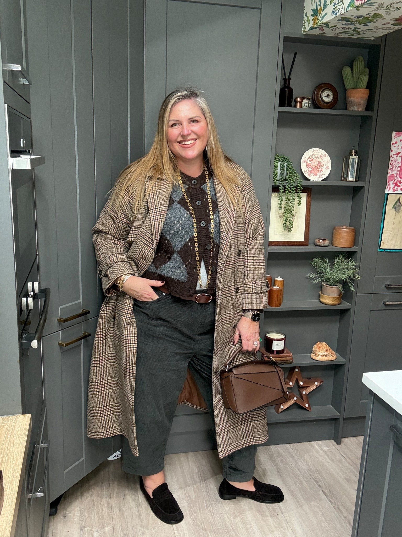 Check coat, grey corduroy trousers, argyl cardigan, brown sure loafers, brown suede bag 

#LTKspring #LTKstyletip #LTKplussize