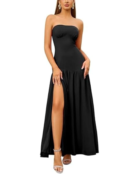 LAGSHIAN Women's Summer Strapless Flowy Maxi Dress Tube Bodycon Split A Line Long Party Dresses | Amazon (US)