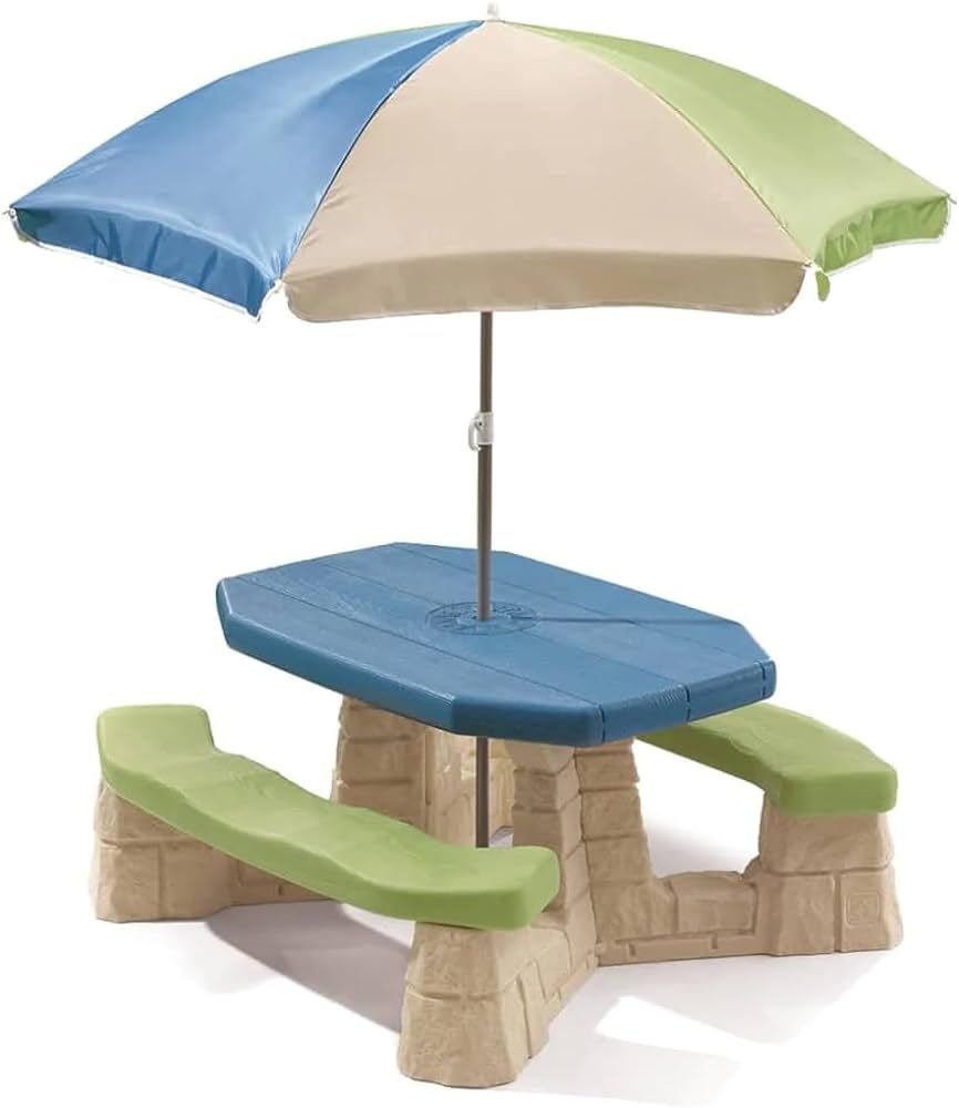 Step2 Naturally Playful Kids Picnic Table With Umbrella - Step2 Outdoor Toys with Seating for 6 Children - Kids Patio Furniture Blue & Green with Faux Stone Detail | Amazon (US)