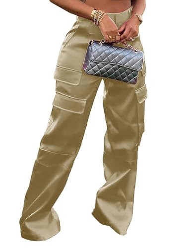 Baczoe Gold Pants for Women Sexy High Waisted Wide Leg Dressy Silky Trousers with Pockets Party Club Dinner (Yellow, M) | Amazon (US)