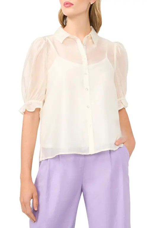 halogen(r) Puff Sleeve Semi Sheer Button-Up Top in New Ivory at Nordstrom, Size Small | Nordstrom