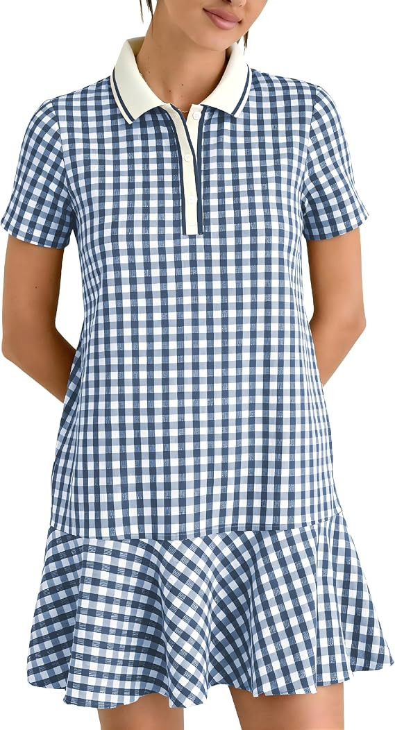 LTSCNRM Women's Gingham Polo Dress Short Sleeve V Neck Ruffle Hem Mini Dress Plaid Golf Tennis Ca... | Amazon (US)