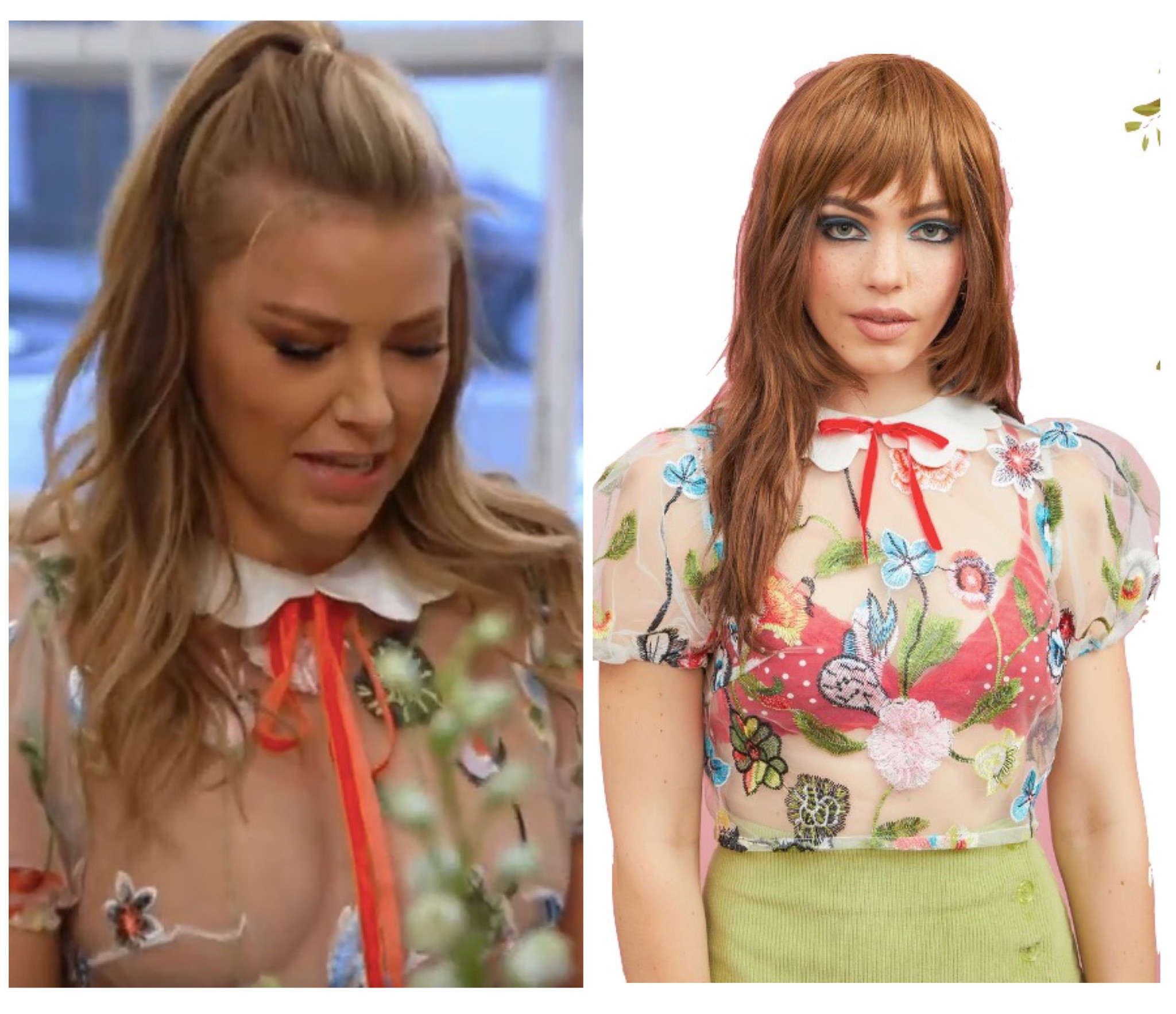 Ariana Madix’s Sheer Floral Embroidered Top at “There’s Something About Her” is sold out by Dolls Kill 