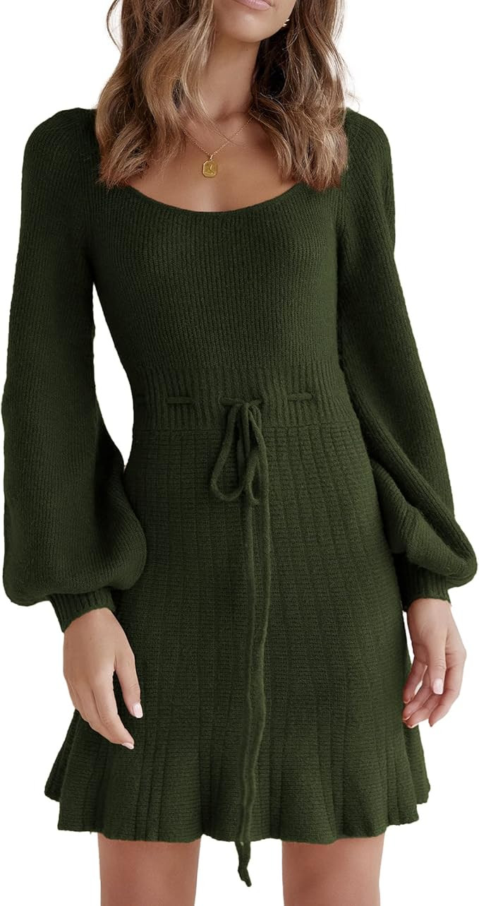 MASCOMODA Women's Fashion Lantern Long Sleeve Cutout Mini Sweater Dress Crewneck Slim Fit Solid A... | Amazon (US)