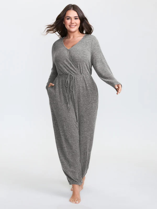 Elastic Waist Overlap Collar Lounge Jumpsuit | Bloomchic