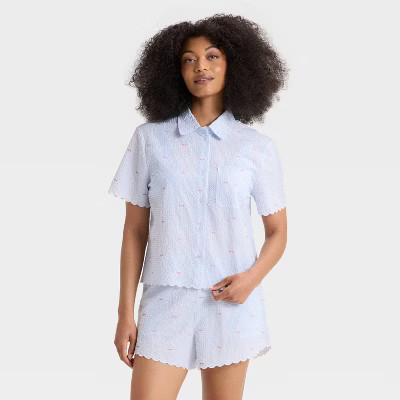 Women's Scalloped Edge Button-Down Pajama Shirt - Auden™ Blue XXL | Target