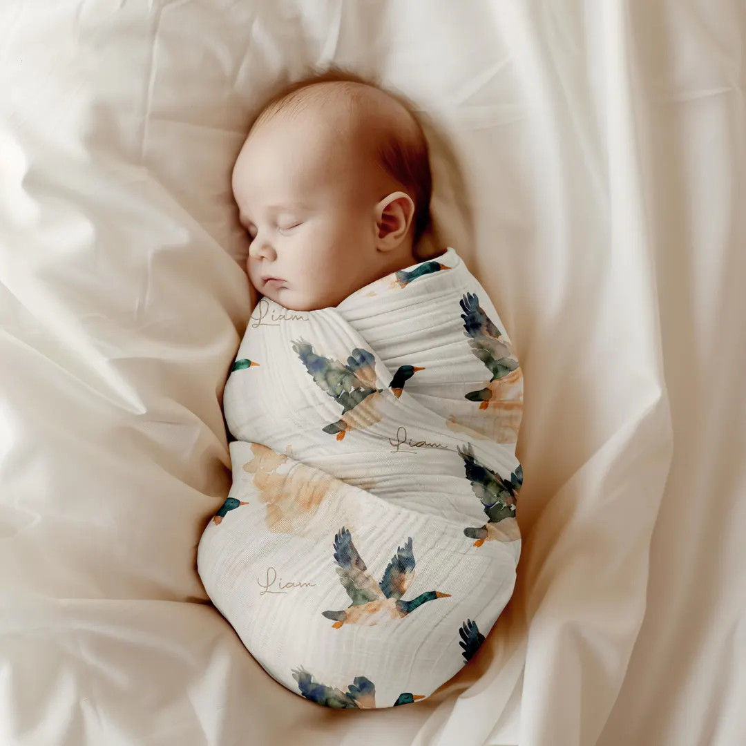 Mallard Duck Hunting Fall Bird Custom Personalized Baby Blanket, Nursery Bedding, Swaddle Hat Set... | Etsy (US)