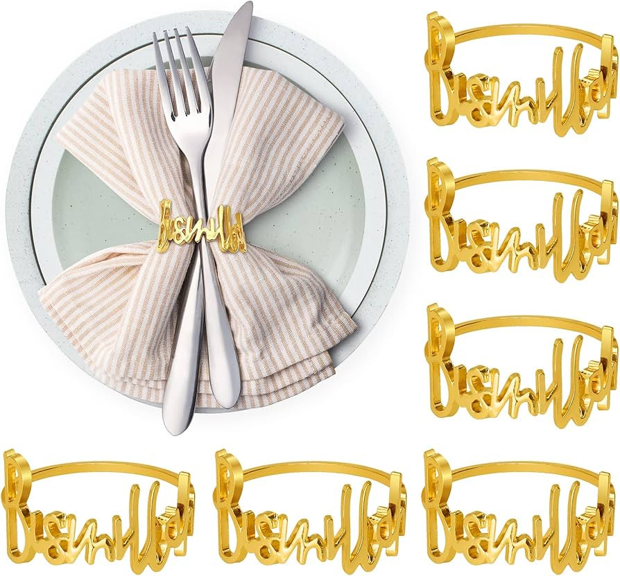 6 PCS Gold Napkin Rings Bismillah Letter Napkin Ring Round Napkin Holders Metal Napkin Buckles Ho... | Amazon (US)