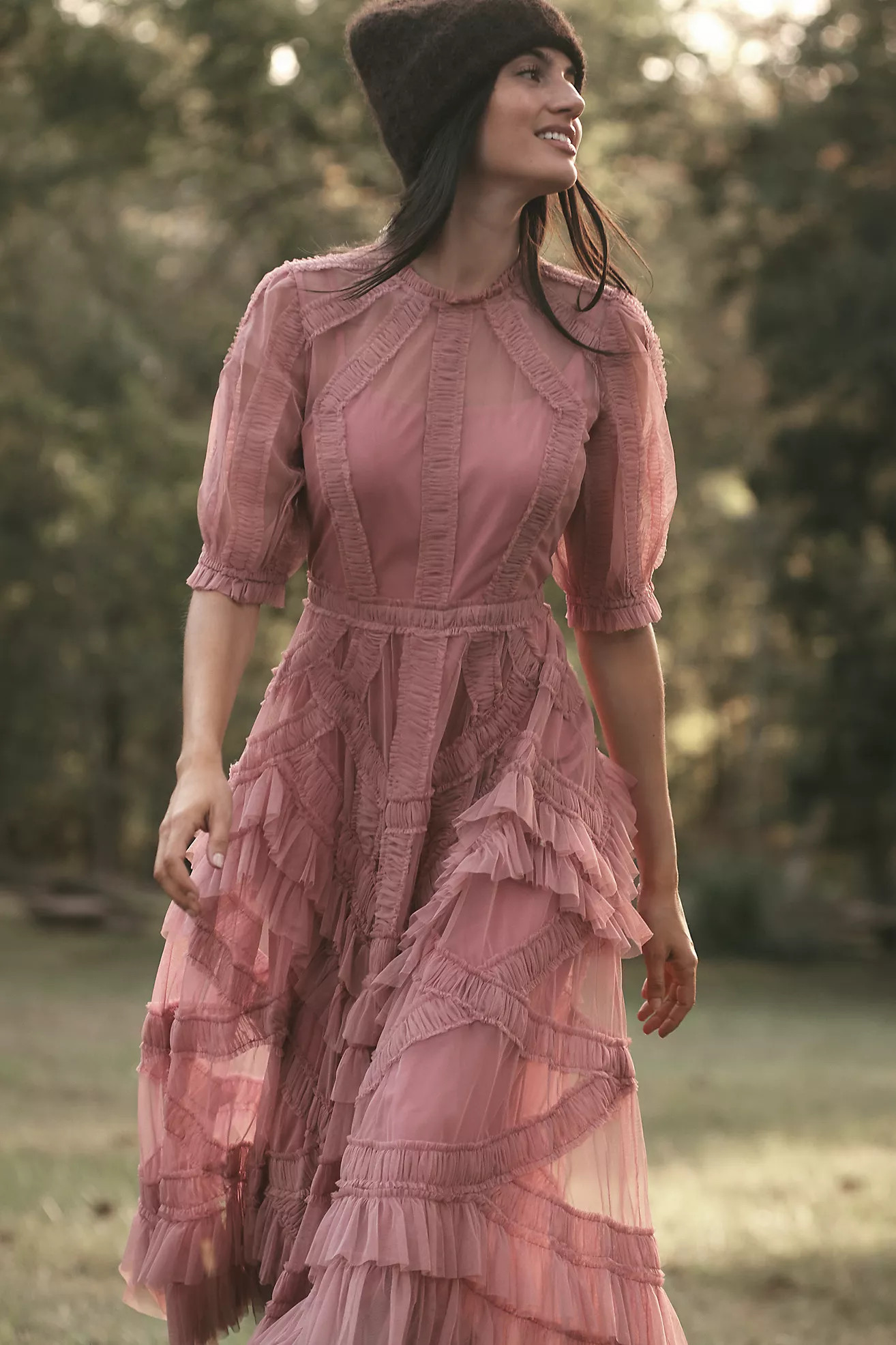 Mac Duggal Short-Sleeve Mock-Neck Ruffled Midi Dress | Anthropologie (US)