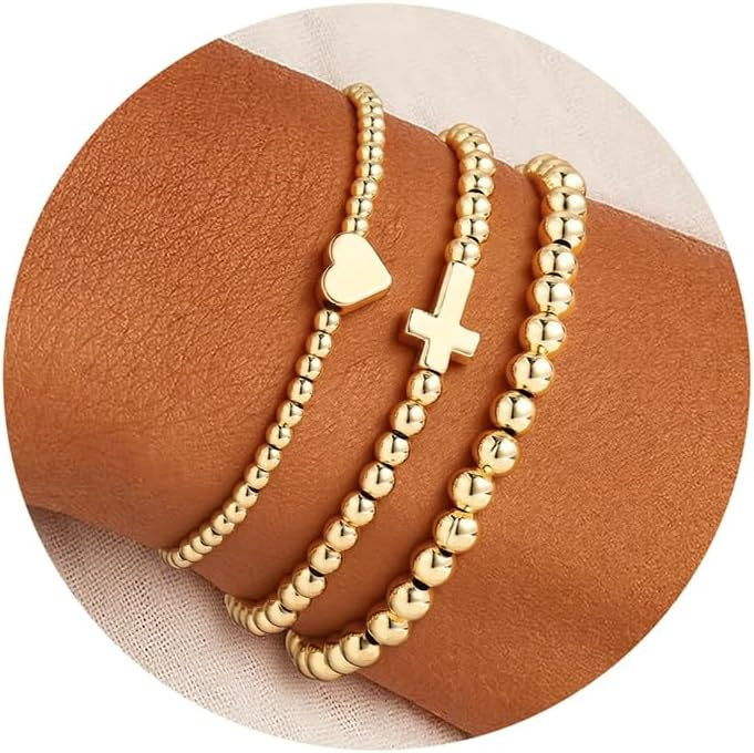 Turandoss Gold Beaded Bracelets for Women - Dainty 14K Gold Plated Beaded Stretch Bracelets Charm... | Amazon (US)