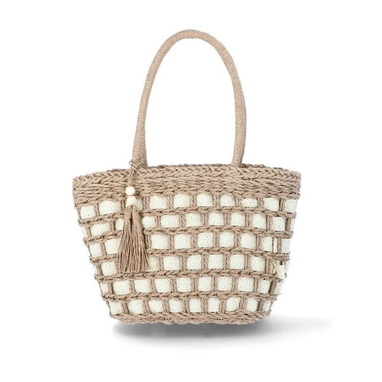 No Boundaries Festival Straw Top Handle Bag, Natural/Natural, Women’s | Walmart (US)