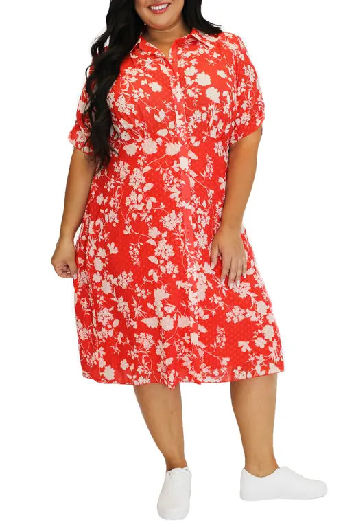 Marée Pour Toi Floral Dot Jacquard Midi Shirtdress in Red at Nordstrom, Size 26W | Nordstrom