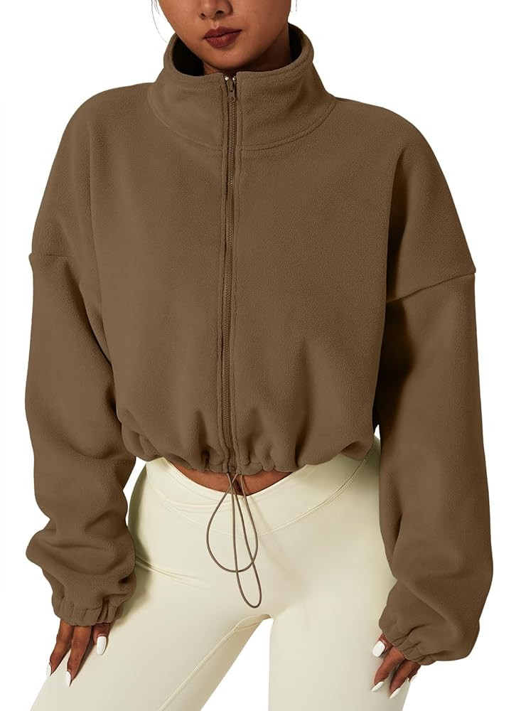 QINSEN Women's Full Zip Fleece Short Jacket Warm Winter Long Sleeve Stand Collar Sherpa Crop Coat | Amazon (US)