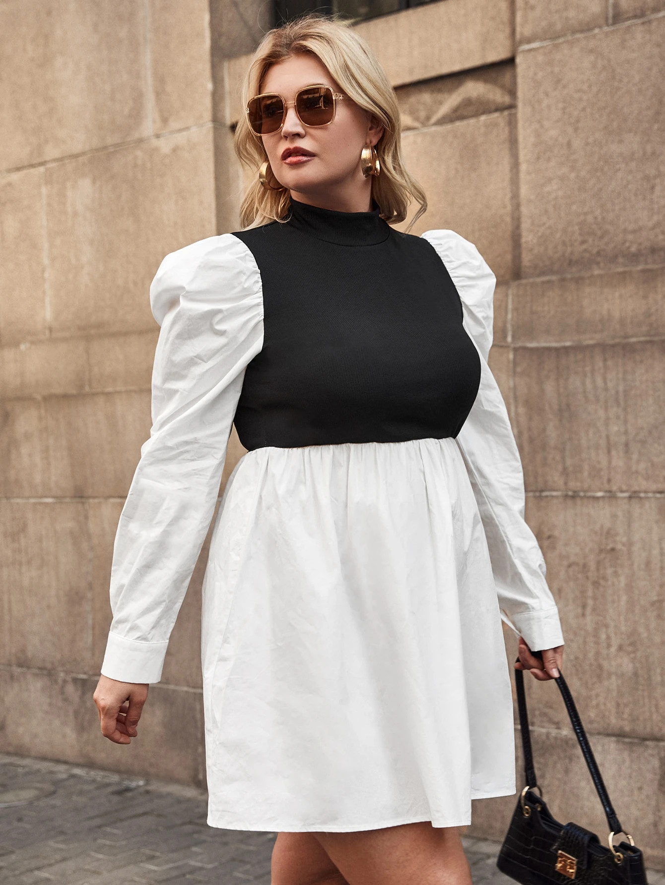 Plus Mock Neck Gigot Sleeve Rib-knit Dress | SHEIN