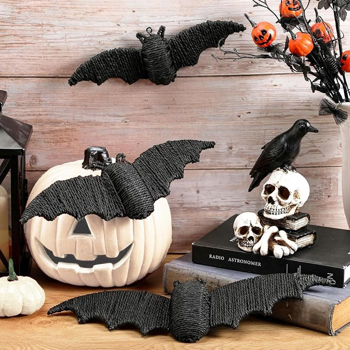 Beeveer 3 Pcs Woven Rattan Bat Wall Hanging Halloween Decor, 3D Scary Handcrafted Black Rope Bats... | Amazon (US)